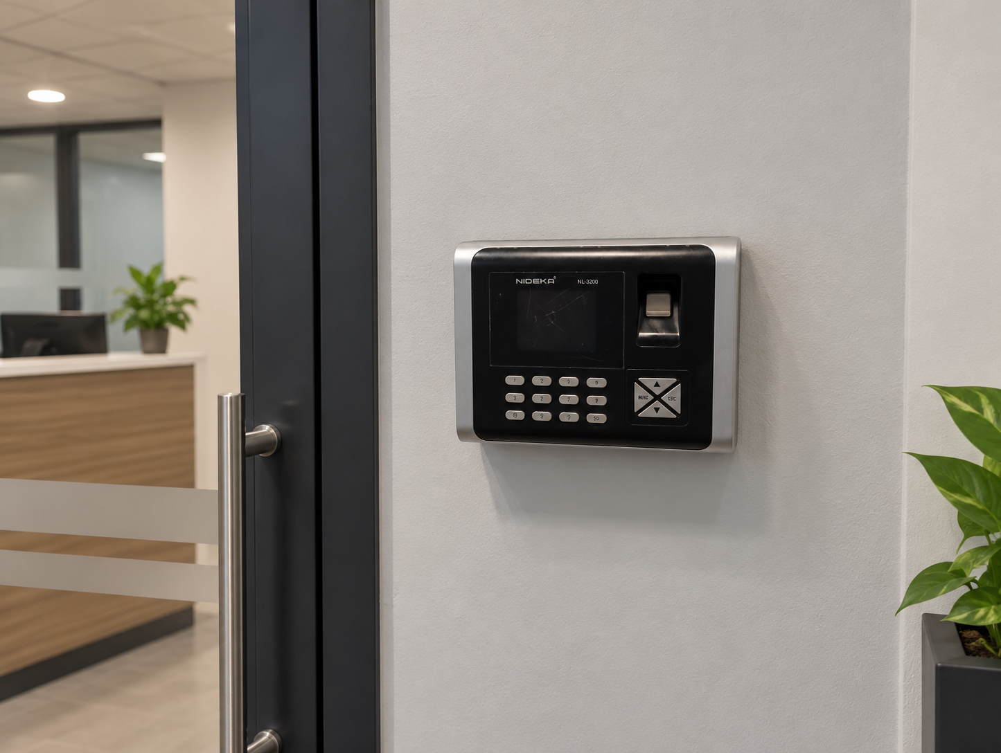 Reloj de asistencia instalado en recepción de oficina